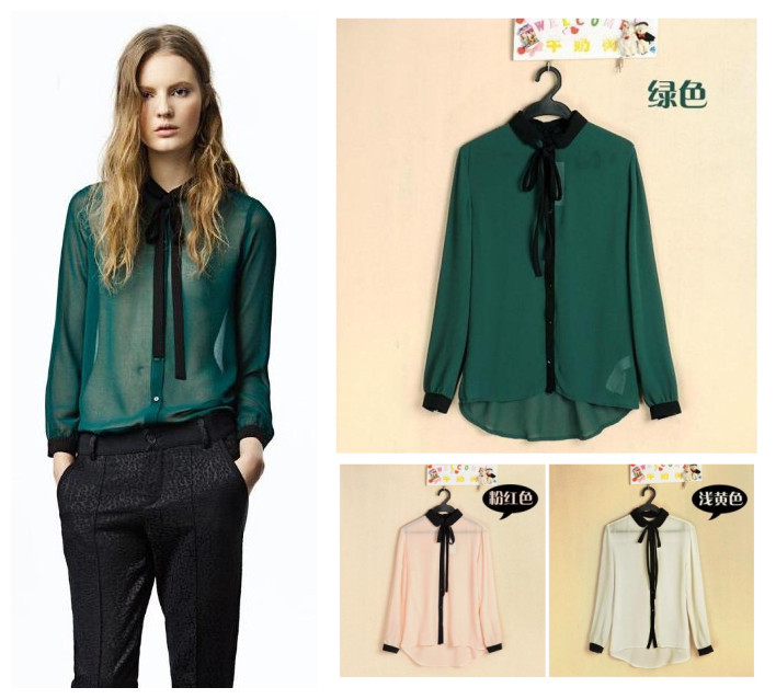 Free shipping, Top brand style 2012 Popular bowknot decoration perspective Women solid Blouses, 2 colors  S, M, L sizes