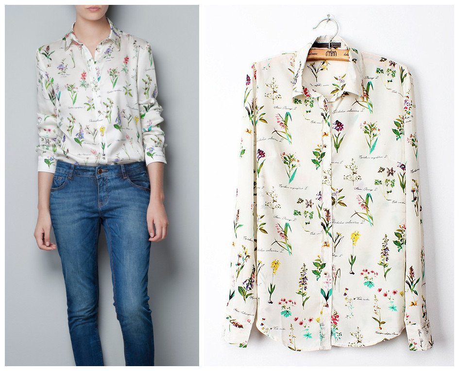 Free shipping, Top brand style 2012 Popular long sleeve flower grass print Women chiffon Blouses, 1 color  S, M, L size
