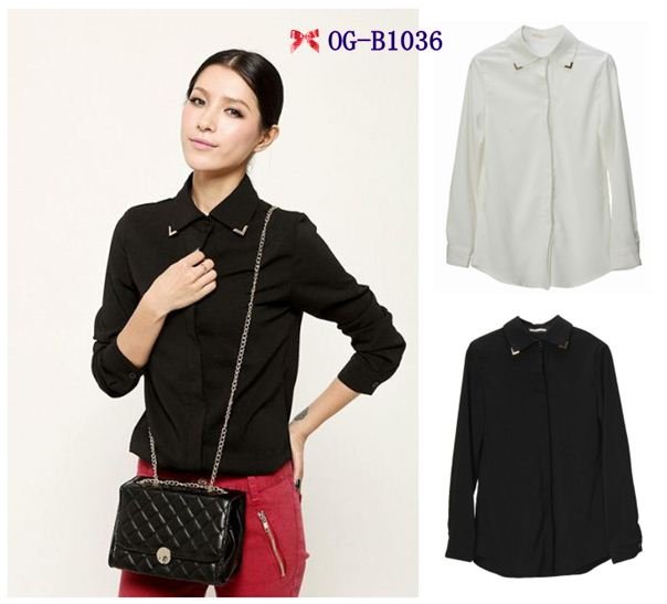 Free shipping, Top brand style 2012 Popular long sleeve metal V-neck solid Women chiffon Blouses, black  white color   M, Lsize