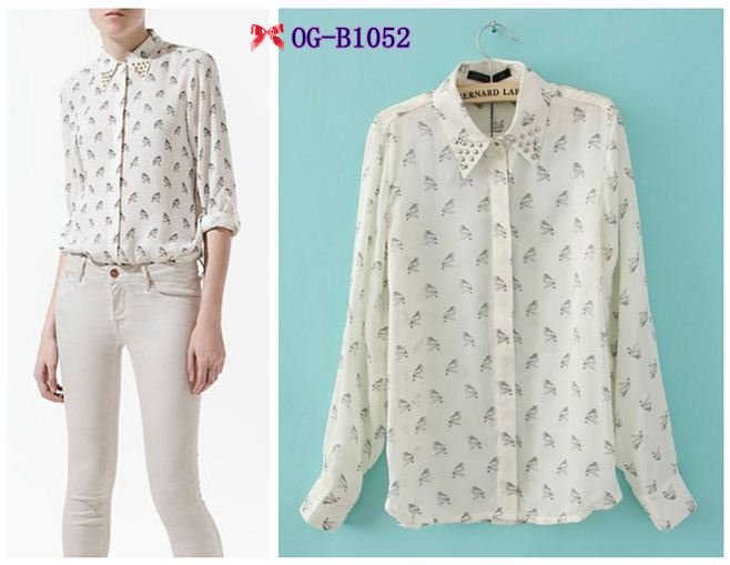 Free shipping Top brand style 2012 Popular long sleeve rivet neck bird print  Women chiffon Blouses, white color S, M, L