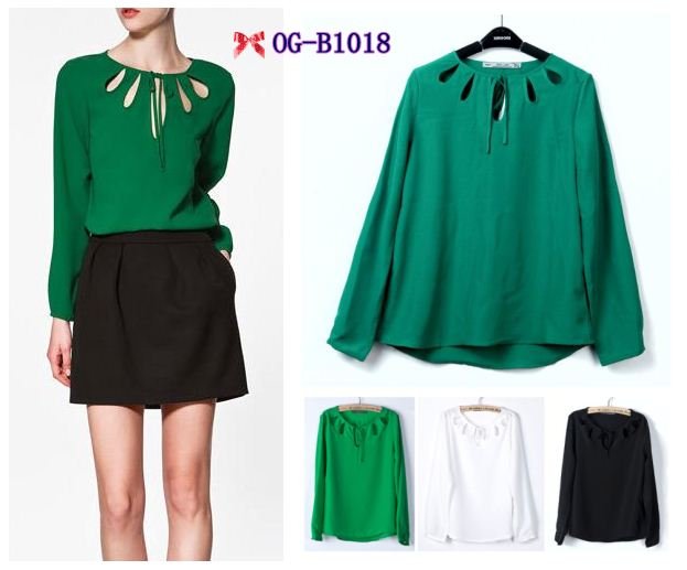 Free shipping, Top brand style 2013 Popular bust hollow out Women solid long sleeve Blouses, 4 colors  S, M, L sizes