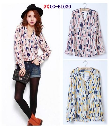 Free shipping, Top brand style 2013 Popular long sleeve  geometric pattern Women plaid chiffon Blouses, 2colors  S, M, L size