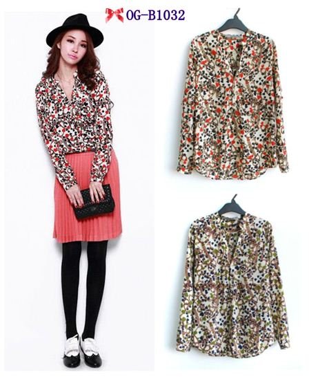 Free shipping, Top brand style 2013 Popular long sleeve peach heart print Women chiffon Blouses, 2 colors  S, M, Lsize