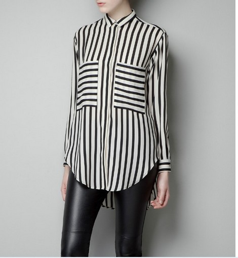 free shipping top branded women's black white striped big pockets long sleeve working casual style chiffon shirts women's blouse