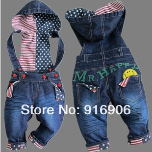 Free Shipping!top quality baby jeans fashion girl/boy denim overalls autumn infant trousers kids hooded braces jeans Retail