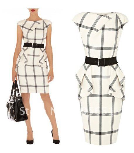 Free Shipping, Top Quality. Fashion Graphic Check Dress With Folded Peplum And Belt - Lady's Elegant Plaid Pencil Dress KM-DN297