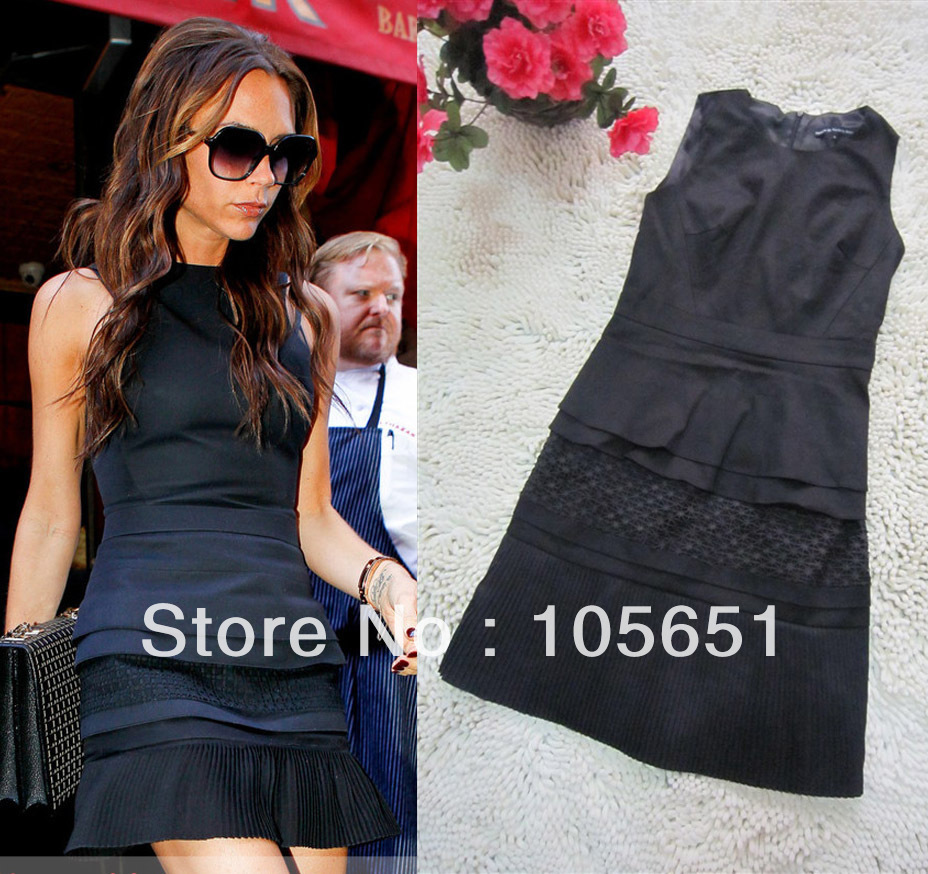 Free Shipping, Top Quality, Fashion Victoria Women's Slim Elegant Pressure Pleated Short Design Black Mini Casual Dress HU1249