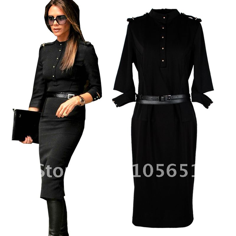 Free Shipping, Top Quality. Victoria Fashion Vintage Black Belted Crepe Shirt Dress . Women's Slim Elegant Black Dresses HU1208