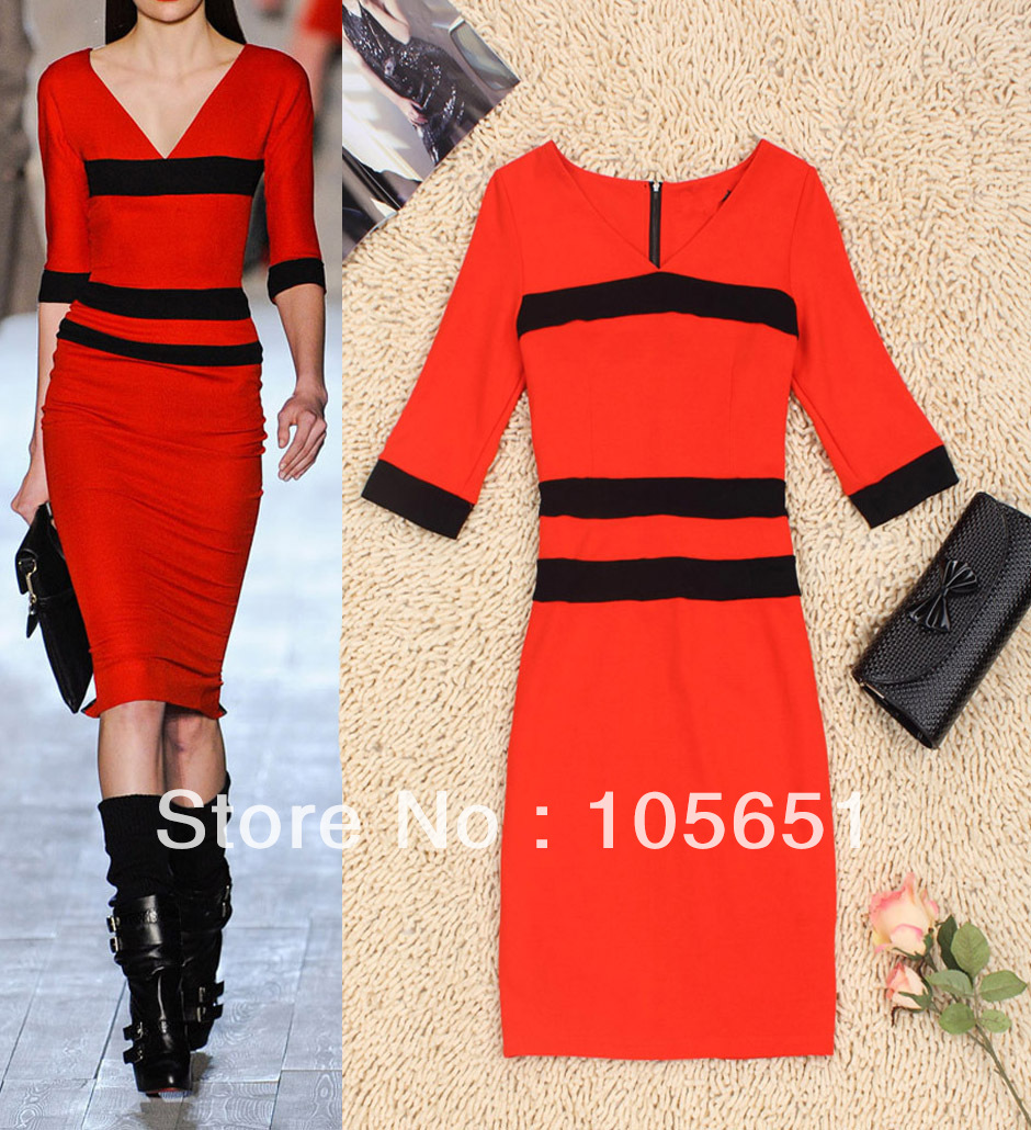 Free shipping, Top quality Victoria Fashion Women's V-Neck Striped Silk Blend Stretch Crepe Zipper Casual Cotton Dress HU1211