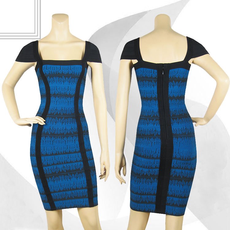 Free shipping Top Quality Women Blue Square Collar Stripe Blue Brandage Mini Dress