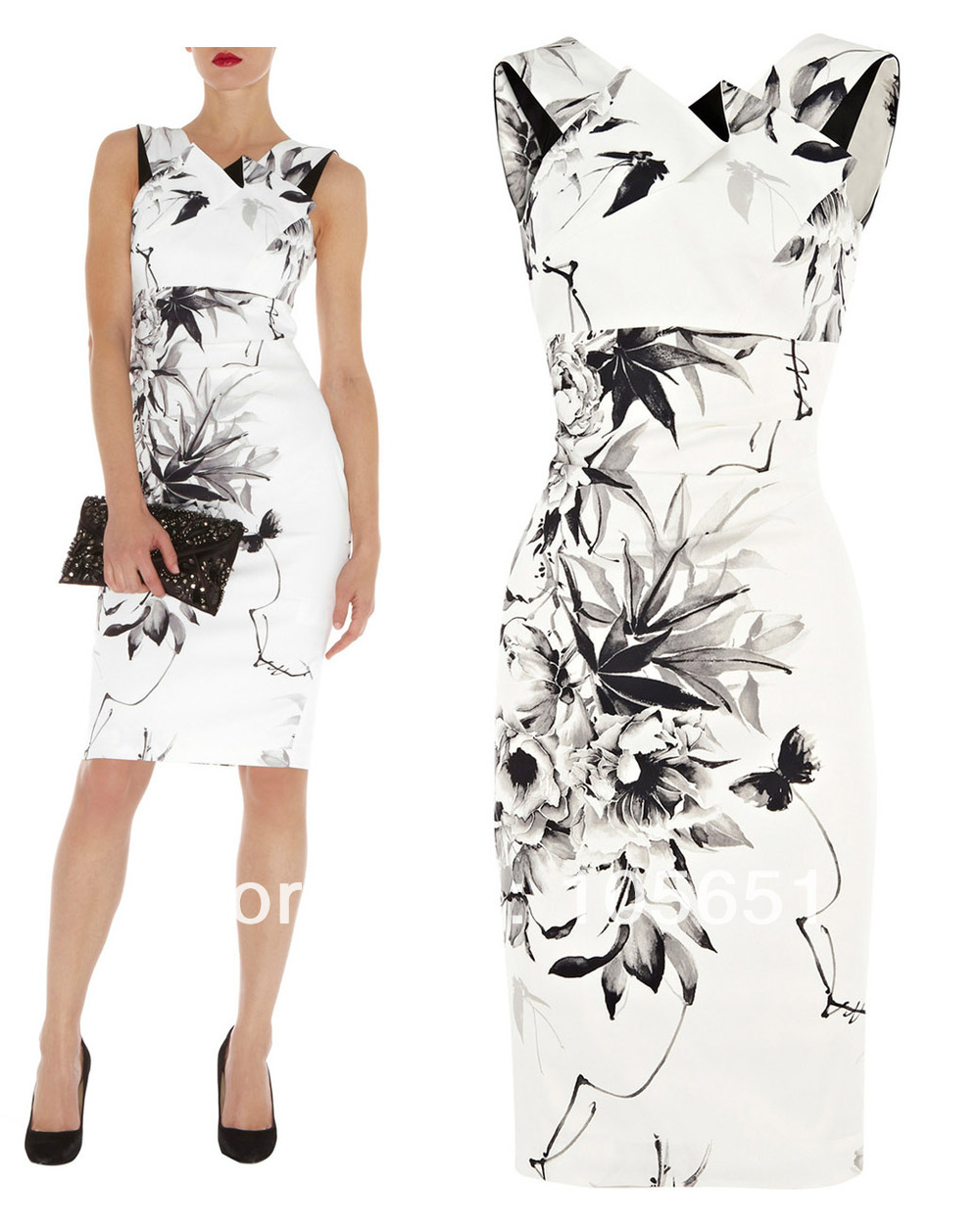 Free Shipping,Top Quality, Women Fashion Deep V Back Signature Stretch Satin Oriental Floral Print Dress Pencil Dresses KM-DP249