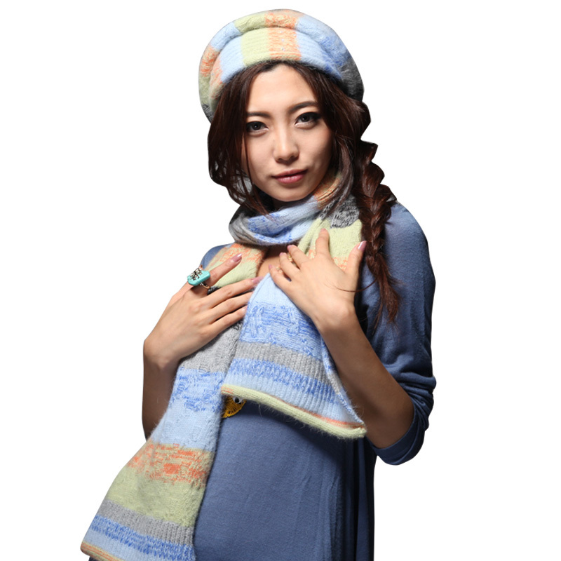 free shipping, Topcul blue new arrival rabbit fur knitted hat, set women's warm hat, scarf,