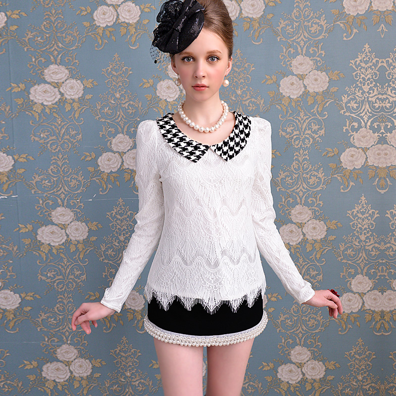 free shipping tops for women 2013 summer White lace long-sleeve shirt