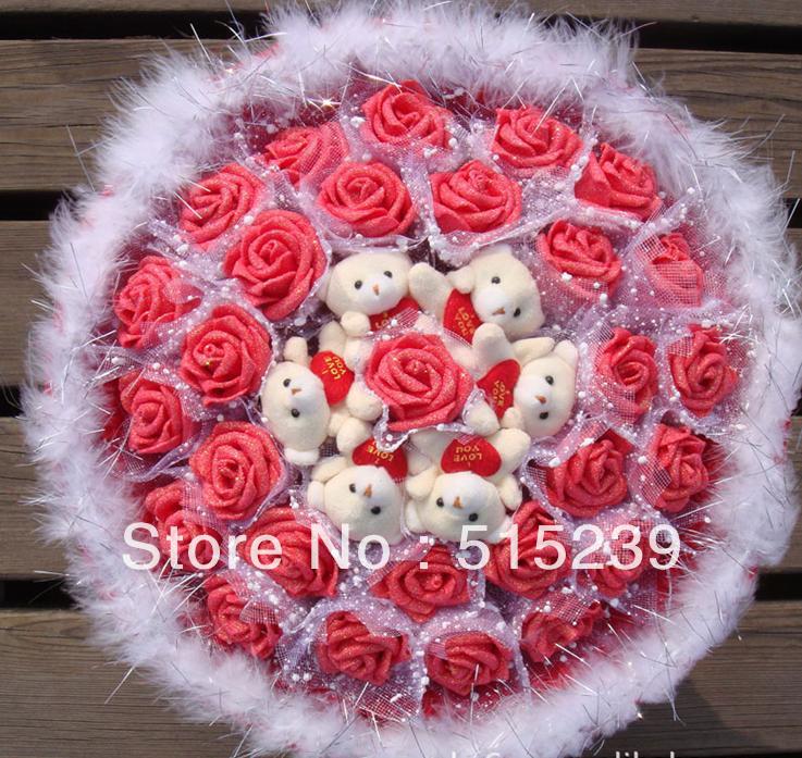 Free shipping toy bouquet To hold Heart Bear & 28 Glitter Rose / Cartoon bouquet dried flowers Christmas gifts ZA591