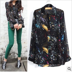 Free Shipping Transparent Chiffon Black Sexy Vintage Space Universe galaxy Print Long Sleeve Blouse Shirt