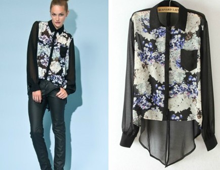 Free Shipping Transparent Chiffon Sexy Women European Retro Flowers Printing Irregular Black Long Sleeve Blouse Shirt