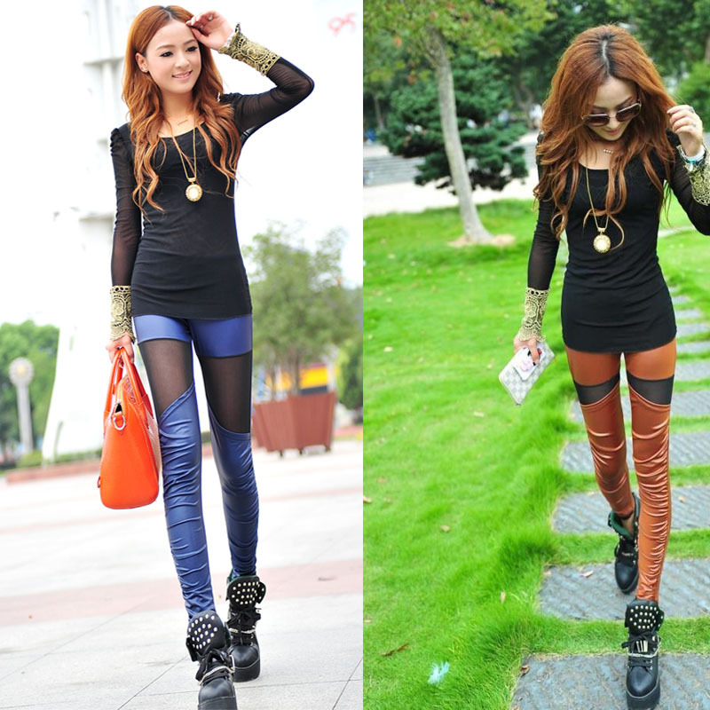 free shipping Transparent gauze faux leather patchwork legging pleated ankle length trousers autumn long trousers female 2012