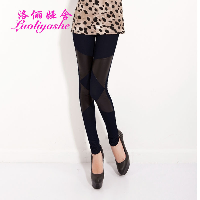 free shipping Trigonometric 2012 autumn set faux denim patchwork faux leather ankle length legging plus size female lengthen