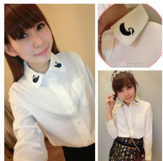 Free Shipping TS-093 Swan Printed White OL Shirts For Women Fashion Long Sleeve Turn-down Collar Blouse Casual Tops Tees