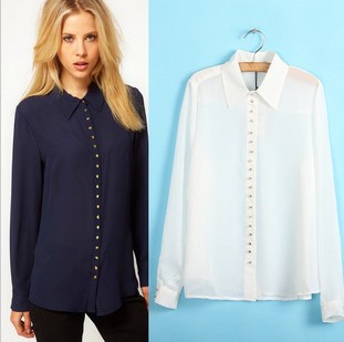 Free Shipping TS-096 Fashion Rivet Chiffon Shirts For Women Fashion Long Sleeve Turn-down Collar Blouses/Tops S/M/L 3 colors