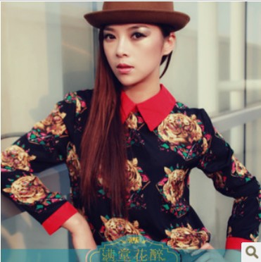 Free Shipping TS-098 Vintage Flowers Patten Chiffon Shirts For Women Fashion Long Sleeve Patchwork Blouses/Tops