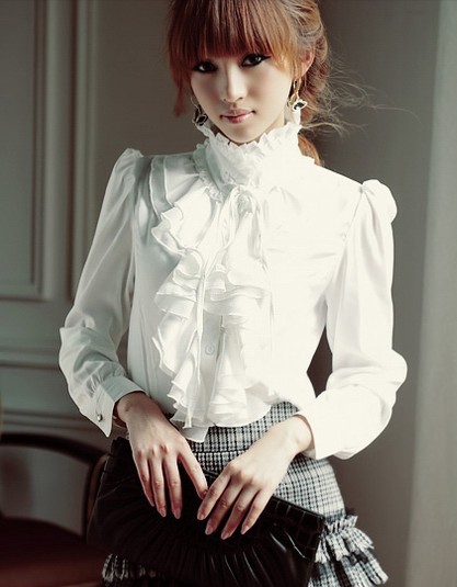 Free Shipping TS-102 Fashion OL Ruffles Chiffon Women's Shirts Long Sleeve Casual Blouses/Tops S/M/L/XL/XXL White/Black