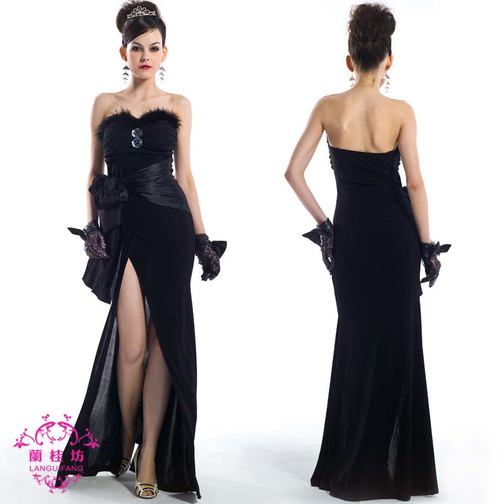 Free shipping! Tube top long design evening dress evening dress formal dress star style black clothes