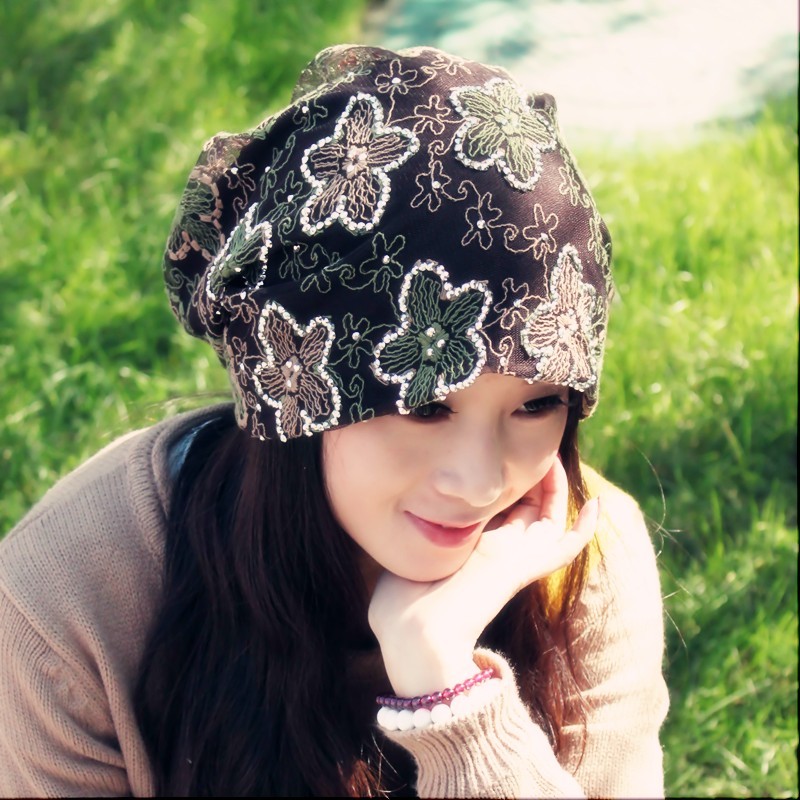 free shipping Turban hat female spring and autumn fashion sparkling diamond cap lace embroidered thin pocket hat