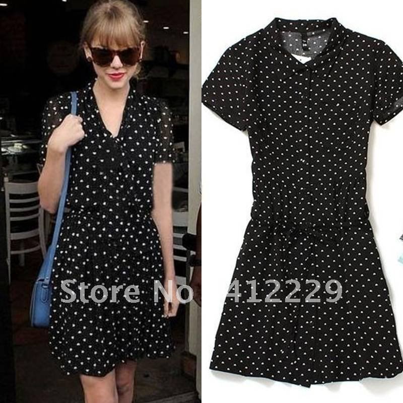 Free shipping turndown collar short sleeve heart print vintage black long shirt ladies casual mini dress new fashion 2012