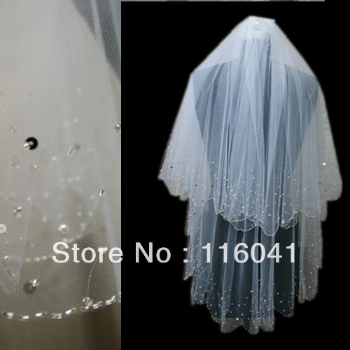 Free Shipping Two Layer hand sew Pear Crystal Beaded with comb wedding bridal veil no glue