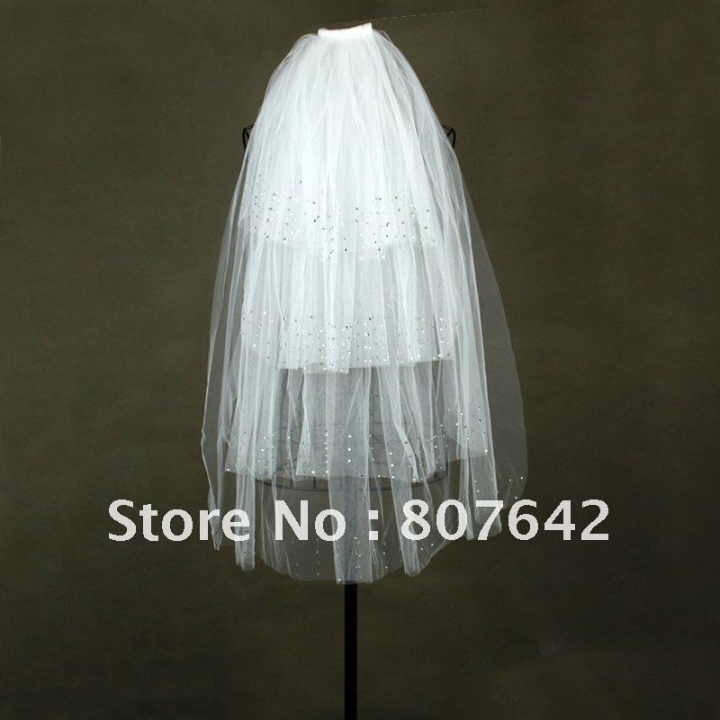 Free shipping two-Layer wedding veil bridal veil veil with comb Paillette Rebbion Edge promotion price wholesale/retail Sky-V005