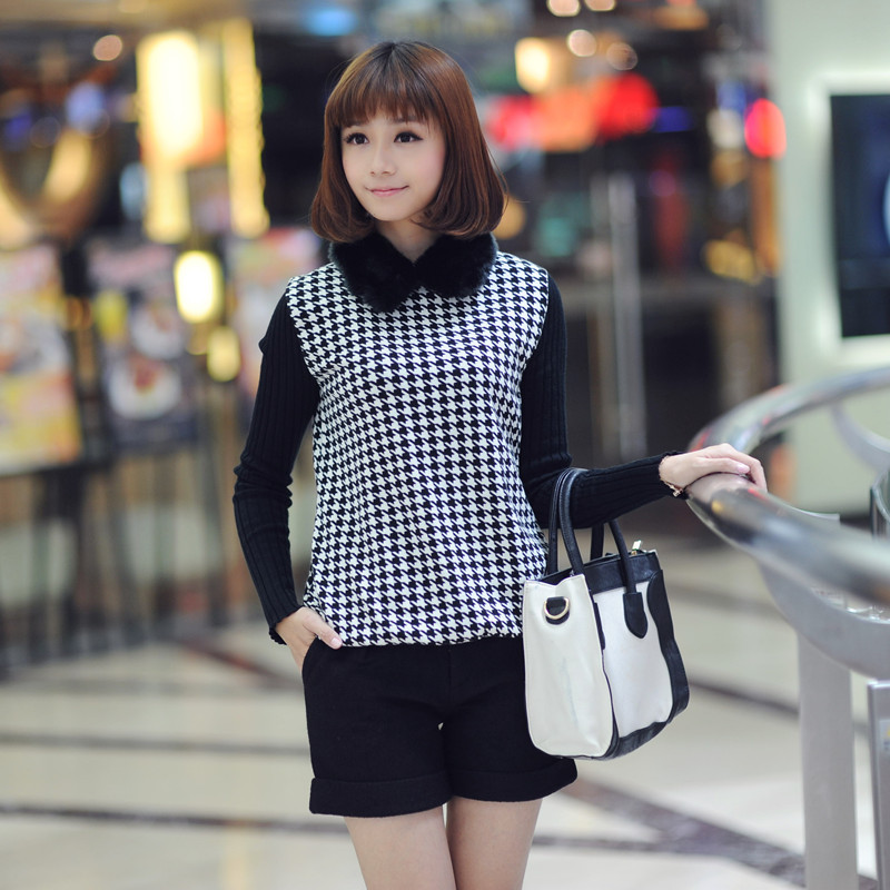 Free Shipping Tx429 2012 winter fur collar patchwork loose long-sleeve basic shirt sweater SX