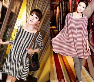 Free shipping ultralarge long-sleeve T-shirt fine stripe expansion bottom maternity one-piece dress