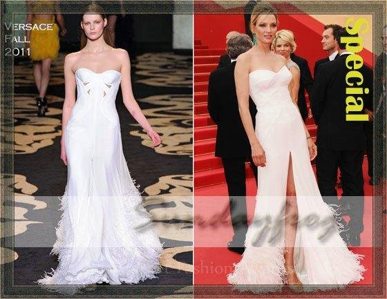 Free Shipping Uma Thurman Custom Made 2011 Cannes Red Carpet Satin A-Line Strapless Ruffle Celebrity Dress