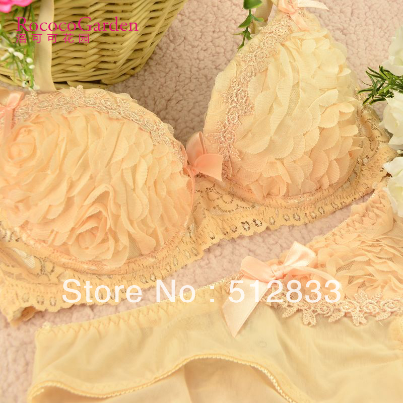 [ Free Shipping ] Underwear bra set push up lace orange pink yarn 3/4Cup Three Hook-and-eye Convertible Straps
