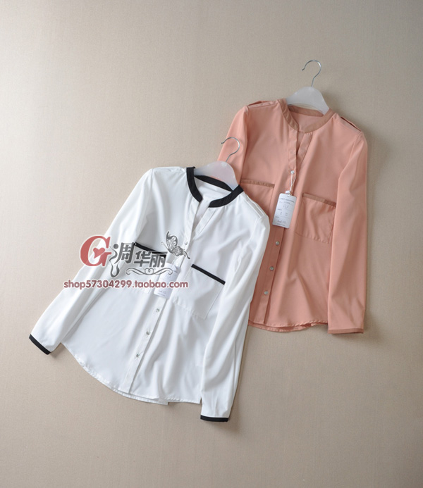 free shipping  - unique color block decoration stand collar slim white collar formal long-sleeve shirt ml-c98