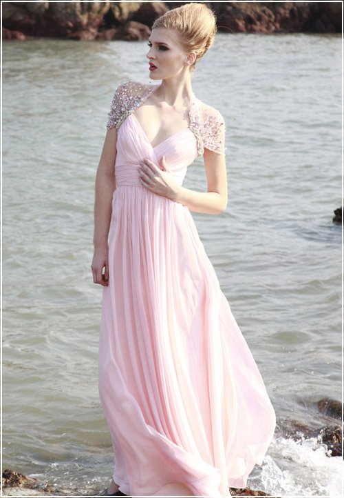 Free shipping unique design a-line pink lace long beaded celebrity gown dresses 80619