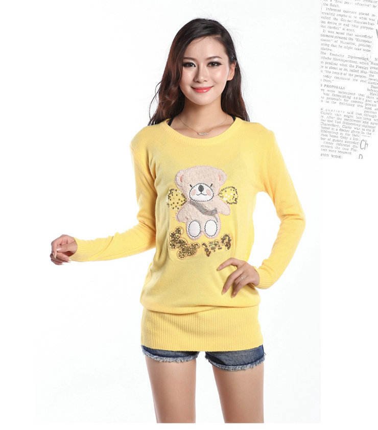 Free shipping,Unique style,New Koran/Japan women fashion long knitted pullovers,ladies casual sequined bear sweater,x2563