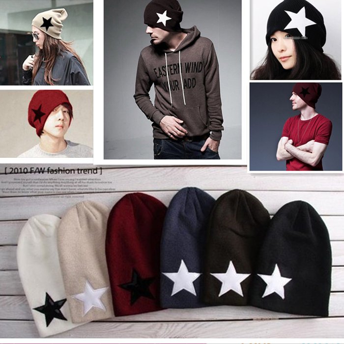 Free shipping Unisex Men's Women's Winter Warm Hat  two layers five star hat Crochet Knit Beanie Ski Cap One Size  Wholesale