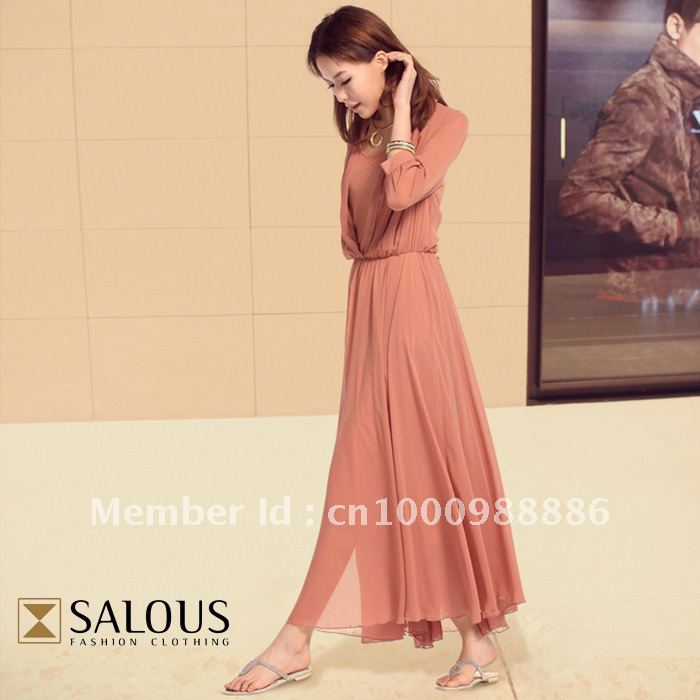 Free Shipping V-neck Long Sleeve Chiffon Dress Women Maxi Dress 2 Color