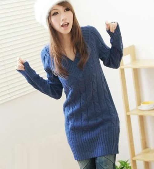 Free shipping v-neck pattern  solid  full sleeve  knitwear casual women knitted sweater coat dress pullovers new fashion 2012