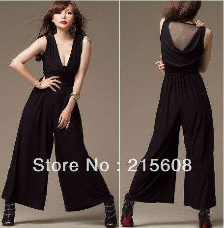 Free shipping V neck solid color loose size lady's jumpsuits maxi size boot cut jumpsuits black high quality J002