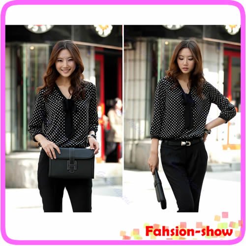 Free Shipping V Neck turn-up cuff thin Dot Casual Chiffon Shirt Top Long Sleeve Bowknot Blouse