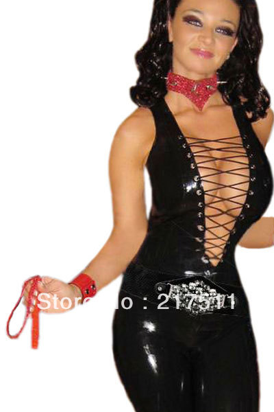 Free Shipping Valentine Night Stunner LC9164 Faux Leather Sexy Clubwear Open Front Deep V-neck  Lace up Tight Sleeveless Cutouts