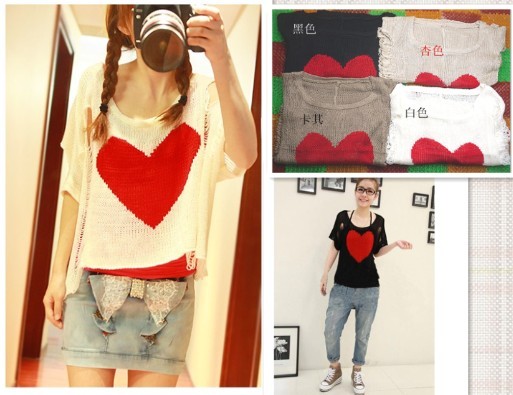 Free shipping via E-packet 2013 hot sweet heart jacquard hollowout ladie's short sleeves sweaters/4 colors/free size