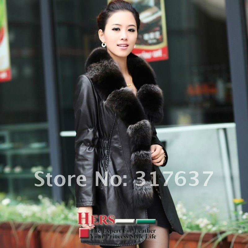 Free Shipping Via EMS Women's Genuine Lambskin Leather Coat With Fox Fur Collar#11403