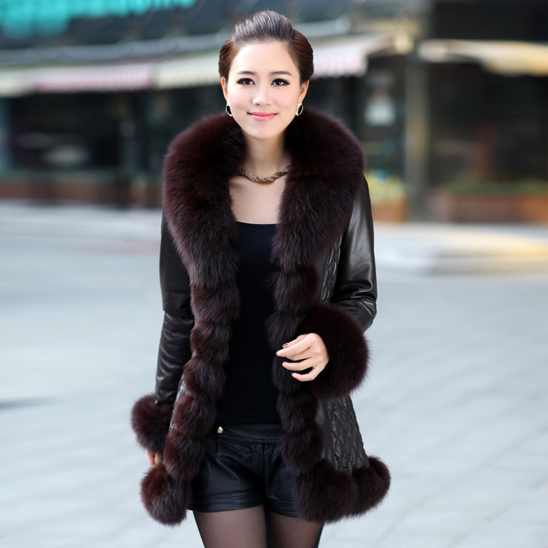 Free shipping Via EMS!! women's Leather ultralarge fox fur collar medium-long sheepskin down coat slim genuine leather coat