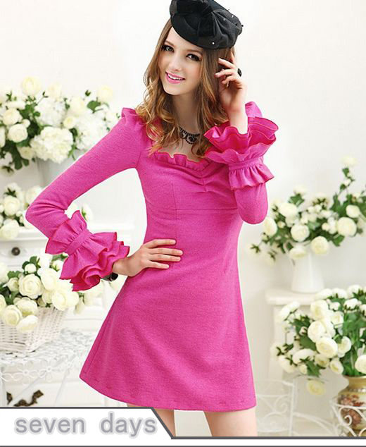 Free Shipping via HK post Pink Doll Pure Color Slim Falbala Long Sleeve Woolen Dress SA111207