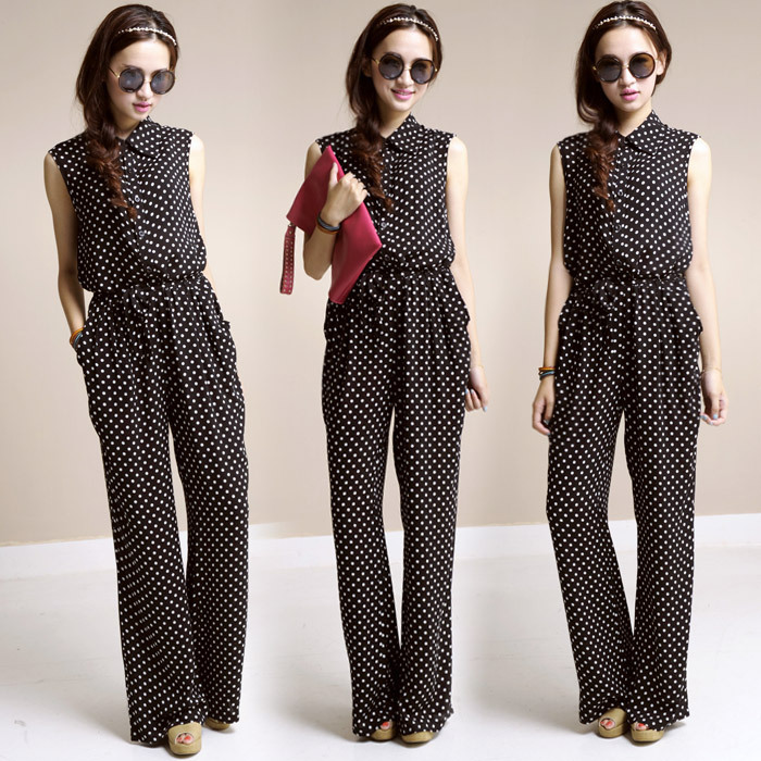 Free shipping!vintage black and white polka dot waistline loose sleeveless jumpsuit ,autumn romper women