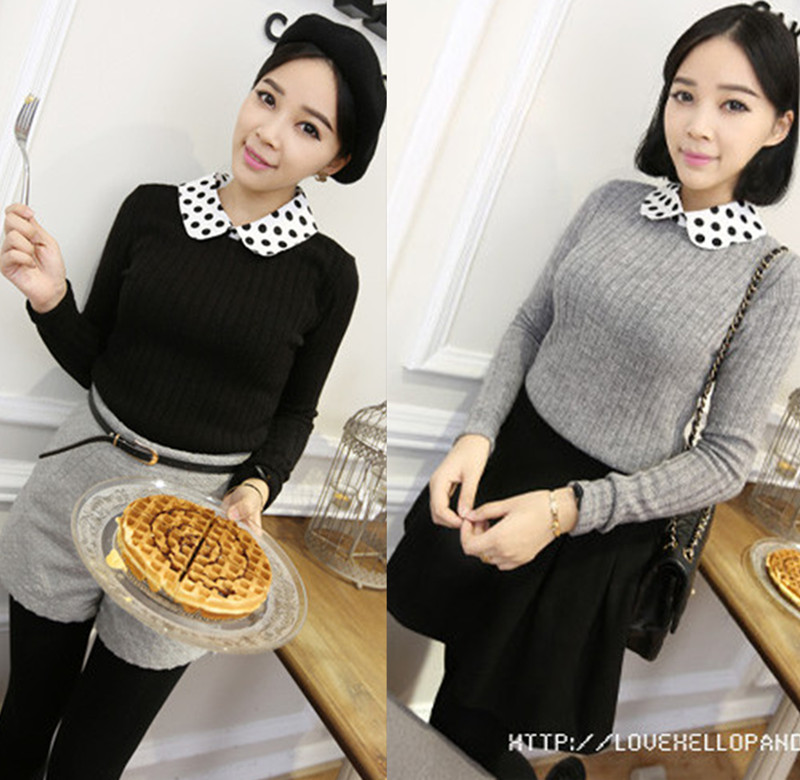 Free Shipping Vintage dot peter pan collar thread bars sweater black grey red 8913 MT